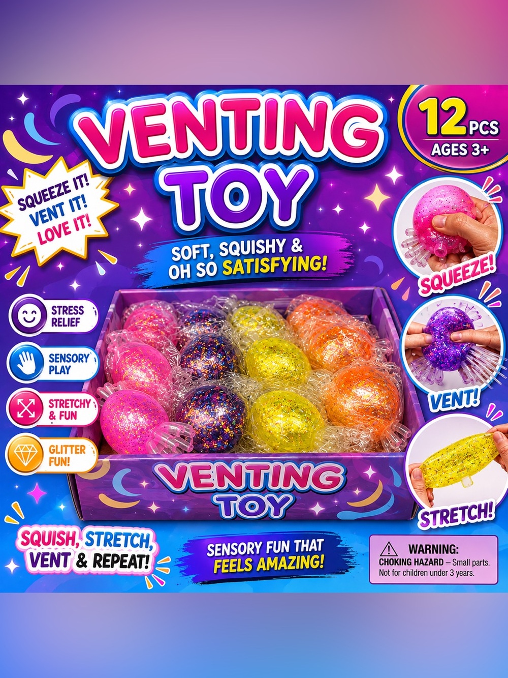 Venting Toy Squishy Sensory Pack - Glitter Pink, Yellow, Orange, Purple